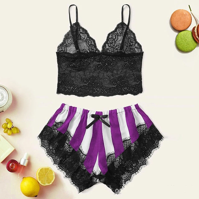 Women's Lace Home Striped Underwear Set