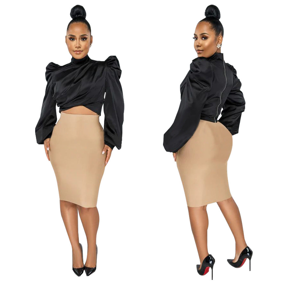 Women's Wear Puff Sleeve High Neck Short Artificial Silk Top