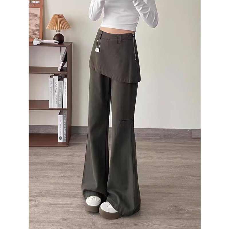 Womens Retro High Waisted Casual Loose Fake Two Piece Flared Cargo Pants
