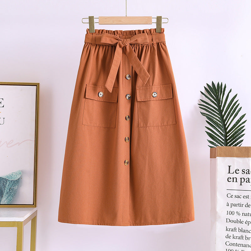 Summer New Artistic Solid Color Buttons Mid-length Skirt Mori Girl Elastic Waist Cotton And Linen A- Line Skirt