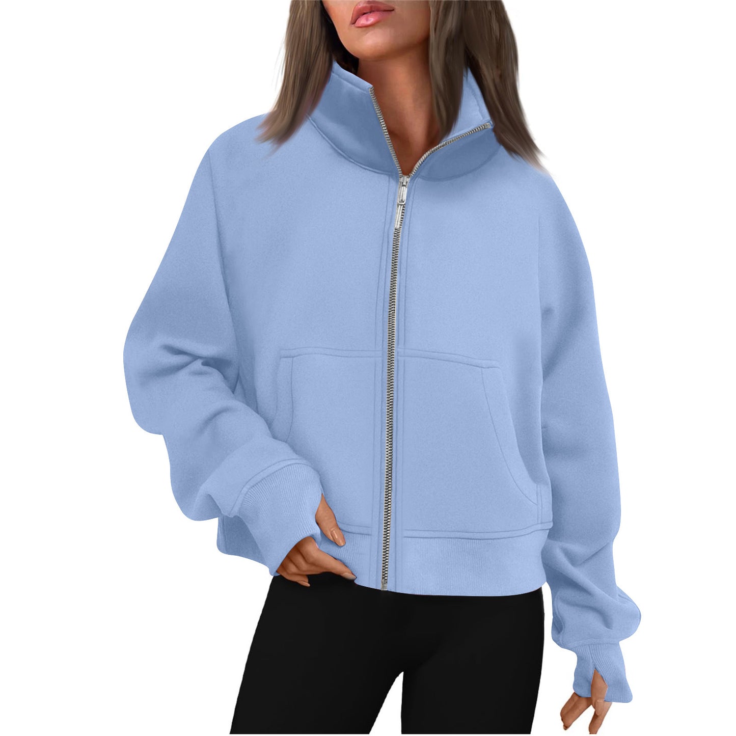 Long Zipper Short Stand Collar Thumb Hole Brushed Hoody