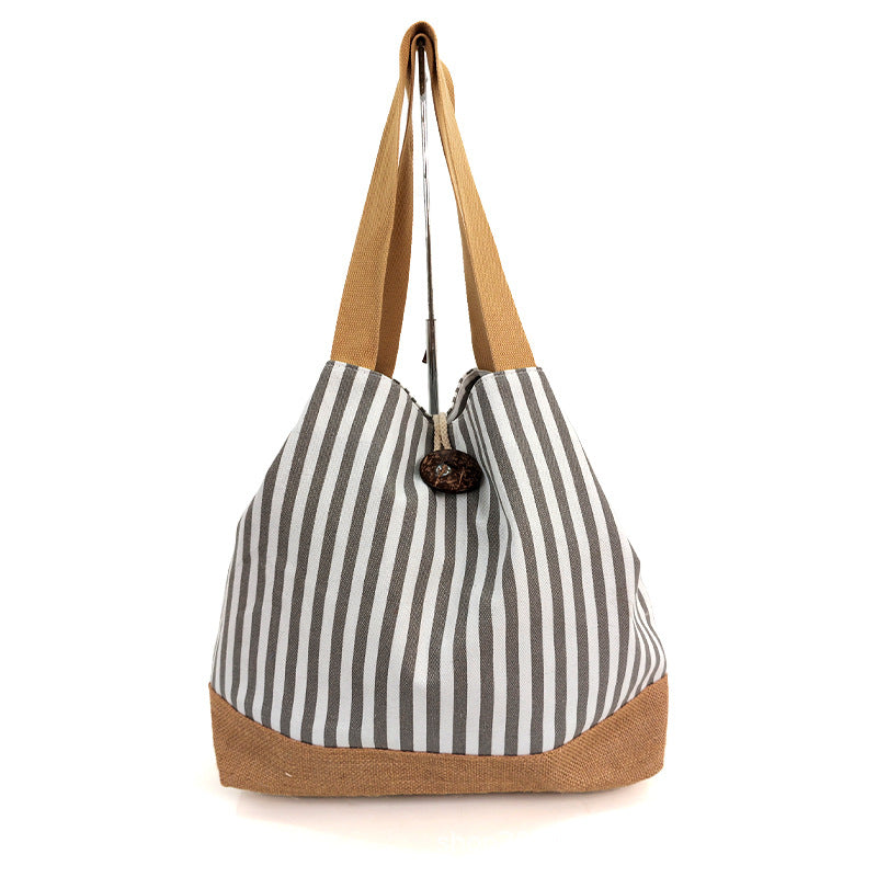 New Striped Canvas Large-Capacity Shoulder Commuter Tote Bag