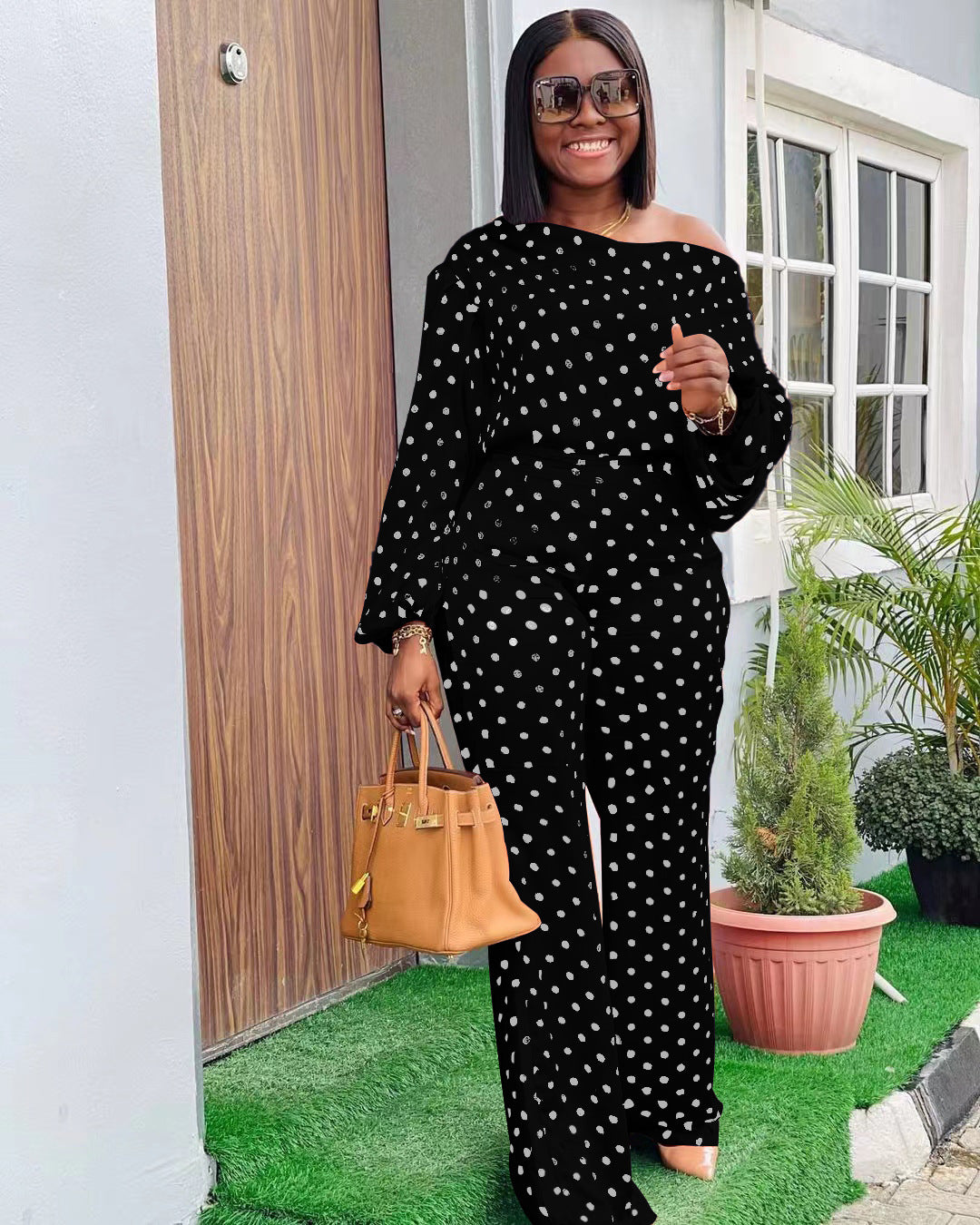 Polka Dot Printed Long-sleeved Trousers Casual Fashion Loose Shoulder Suit