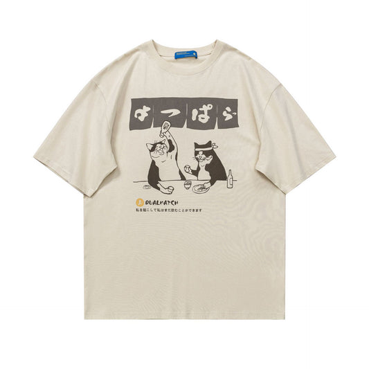 Letter Cartoon Print Breathable Loose Round Neck Short Sleeve T-Shirt