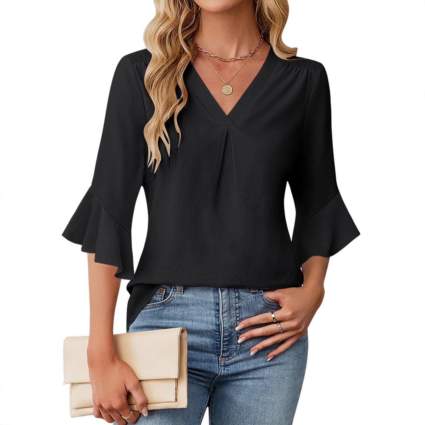 Womens Casual Chiffon Blouse With V-Neck And Ruffle Sleeves
