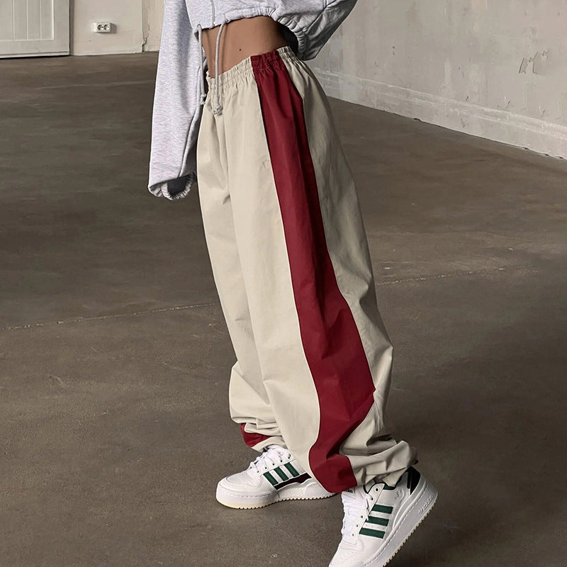 Cool Contrast Color Drawstring Ankle-tied American Casual Loose Woven Pants