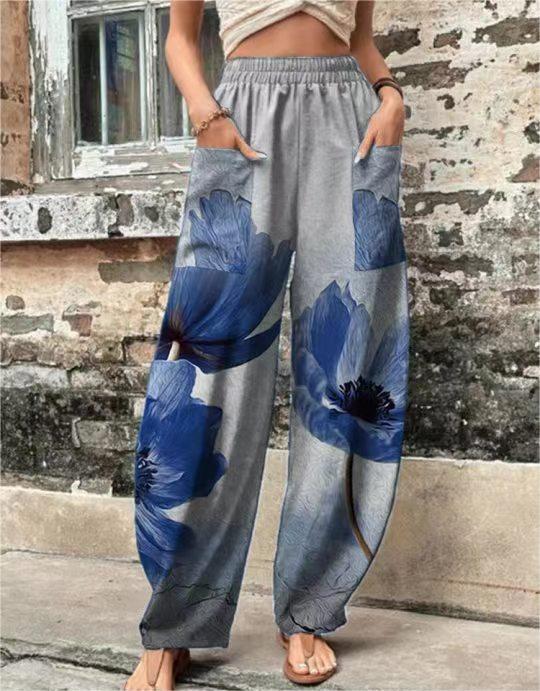 Women's Elastic Waistband Pocket Printed Casual Pants