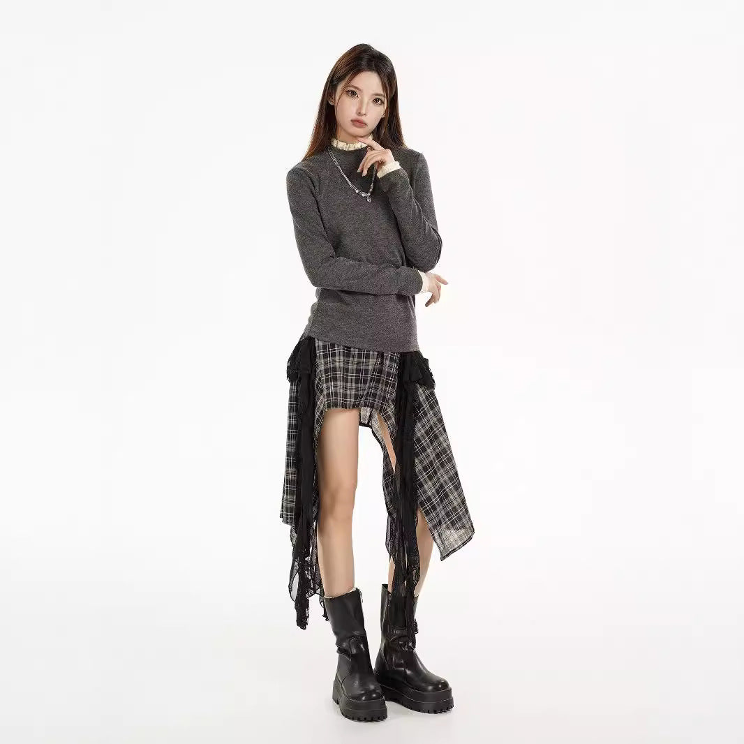 Long Sleeve Knitted Warm Lace Trim Inner Wear Blouse