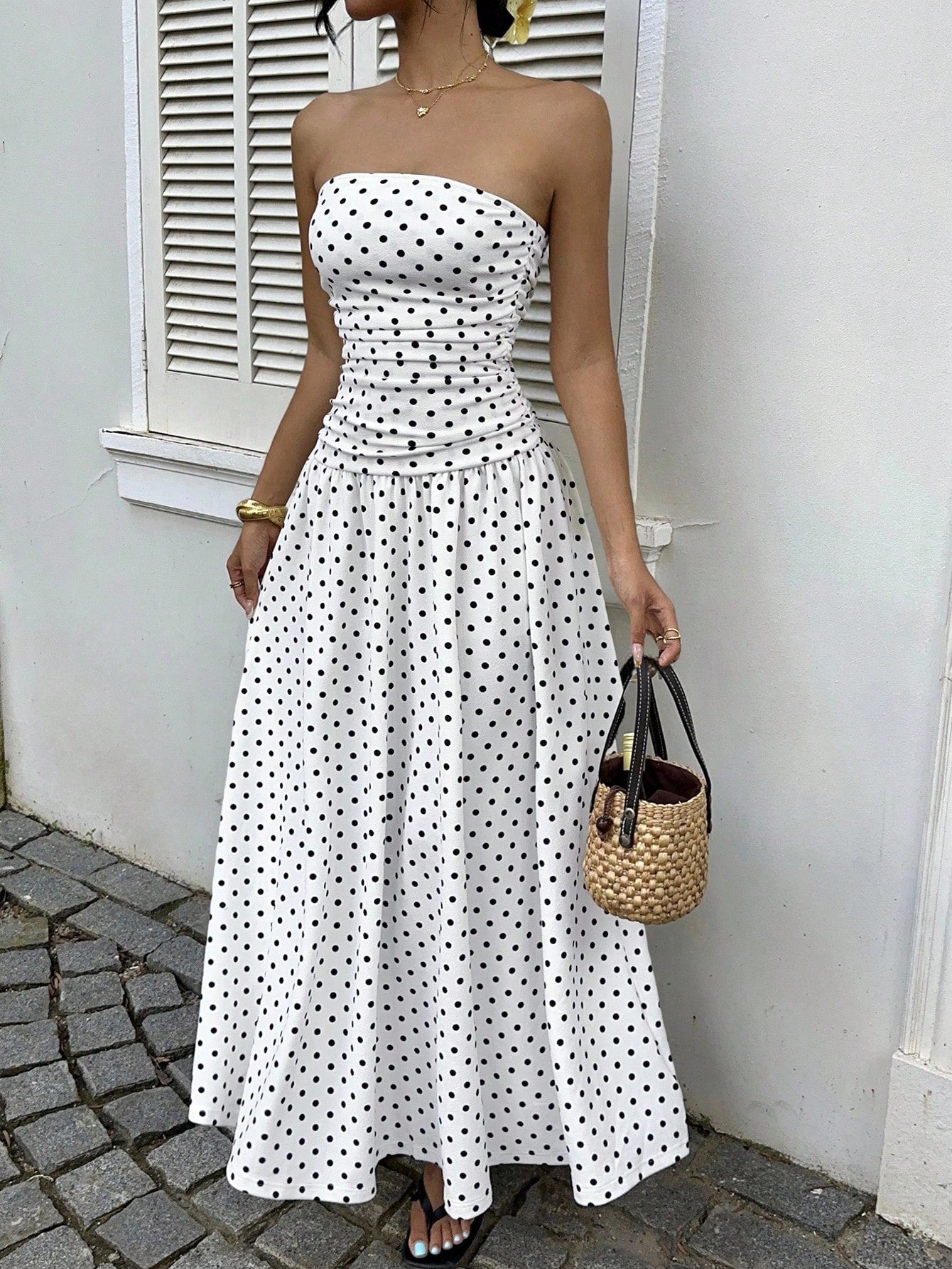 Elegante Prikkede Off-shoulder Kjoler Ensfarvede Stropløse Dame Højtaljede Robe Pendlerfest Forretning Strand Ferie Outfit