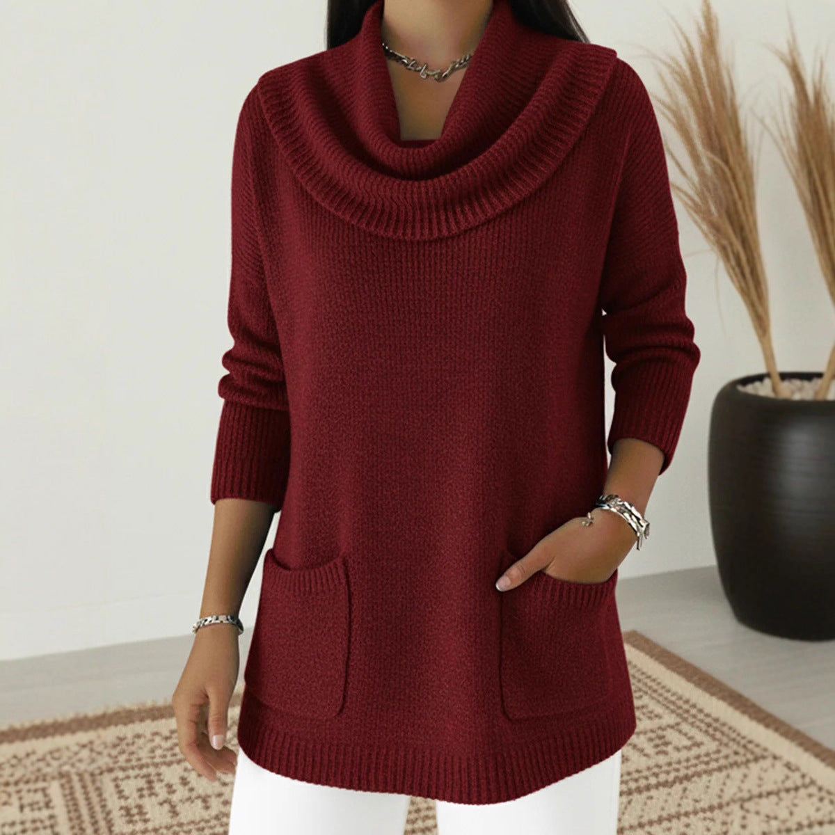 Solid-color Pocketed Long-sleeve Sweater