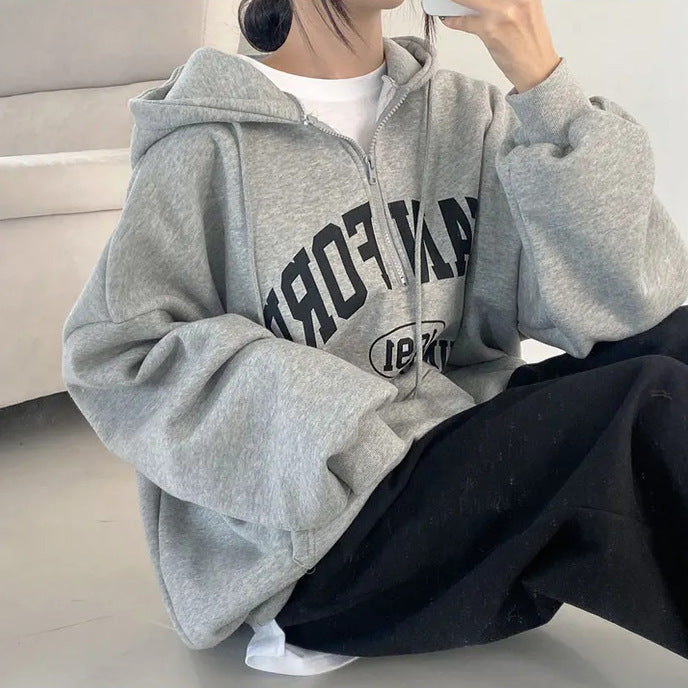 Foreign Trade Fleece Zipper Sweater Women's Thin Letters