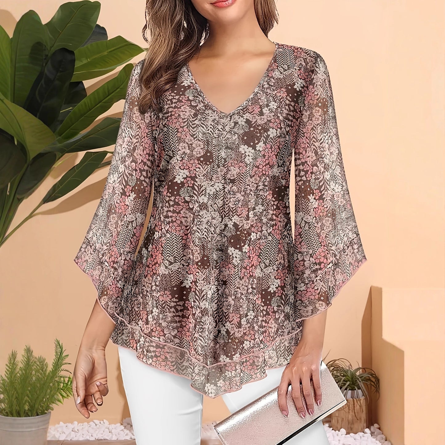 Women's Floral Print V-neck Chiffon Long Sleeve Top