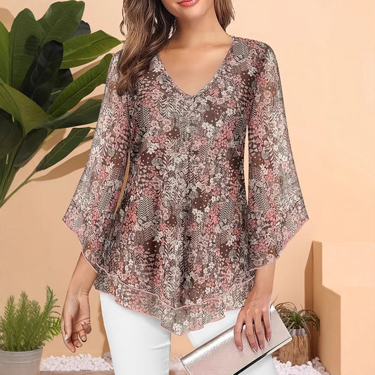Women's Floral Print V-neck Chiffon Long Sleeve Top