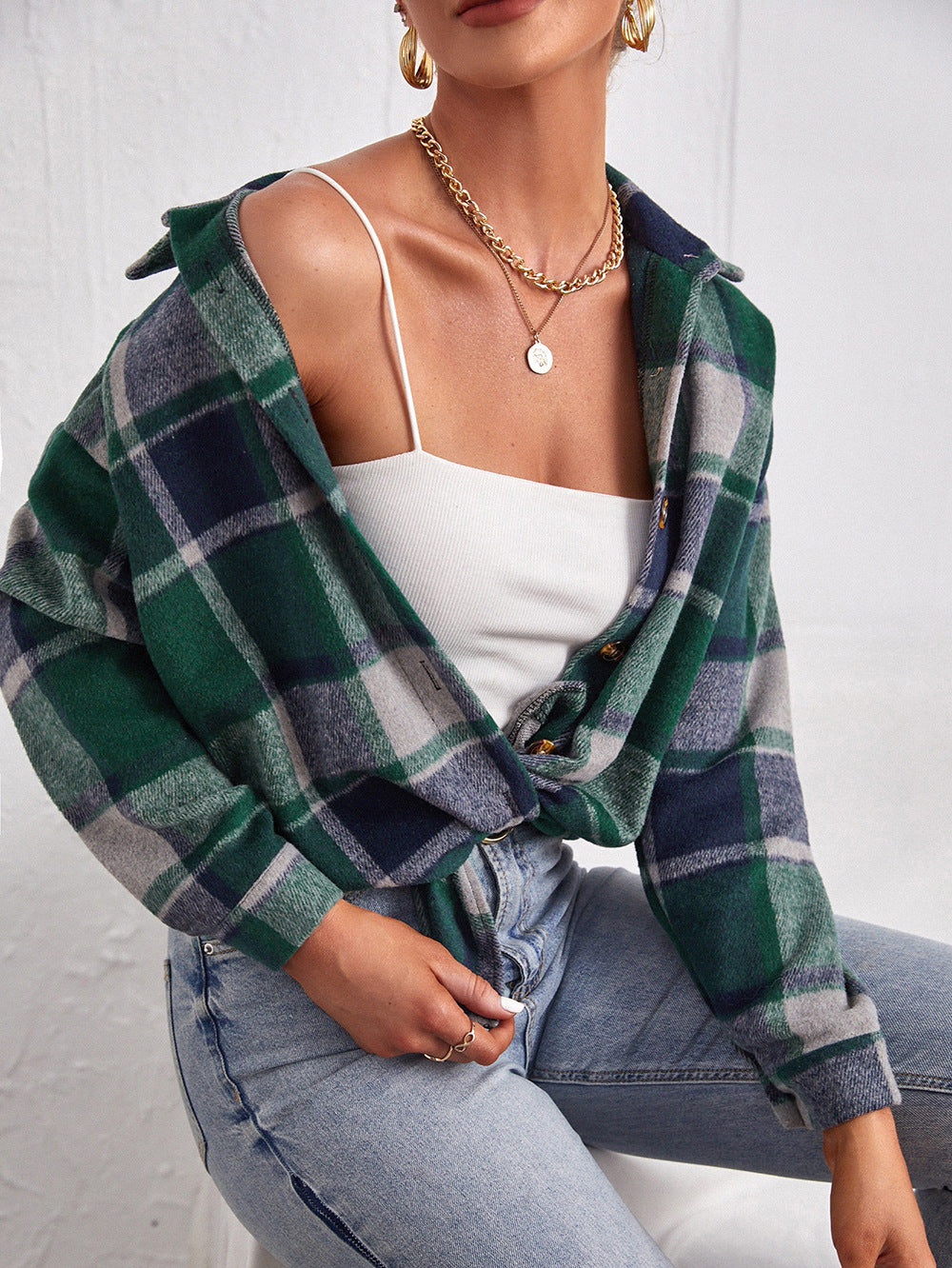 Lapel Single Breasted Cardigan Plaid Woolen Temperament Commute