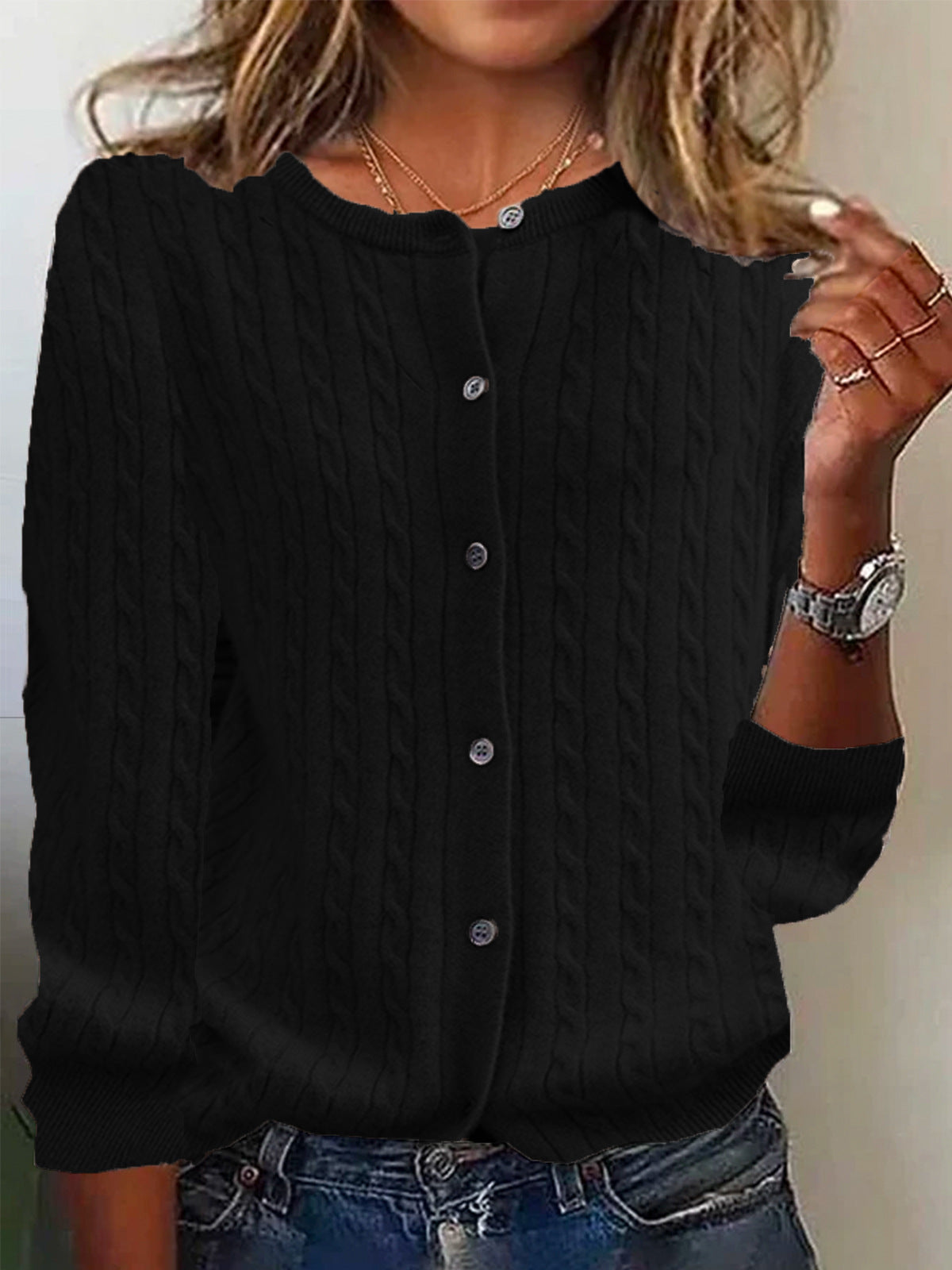 Womens Andi Fleece Crew-Neck Knitted Linen-Flower Cardigan Sweater