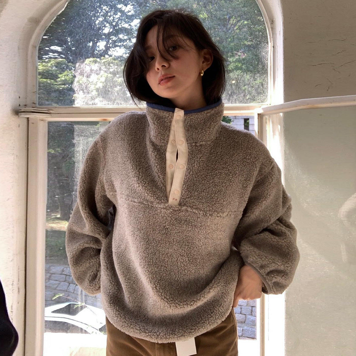 Lammeuld Sweatshirt Revers Fortykkende Varm Dovne Pullover Blød Klistret Plysfrakke