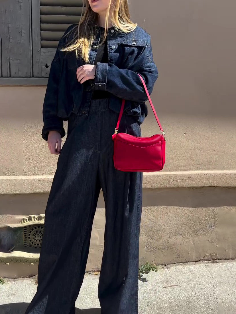 Mørk Denim Oversized Jakke og Buksesæt med Brede Ben
