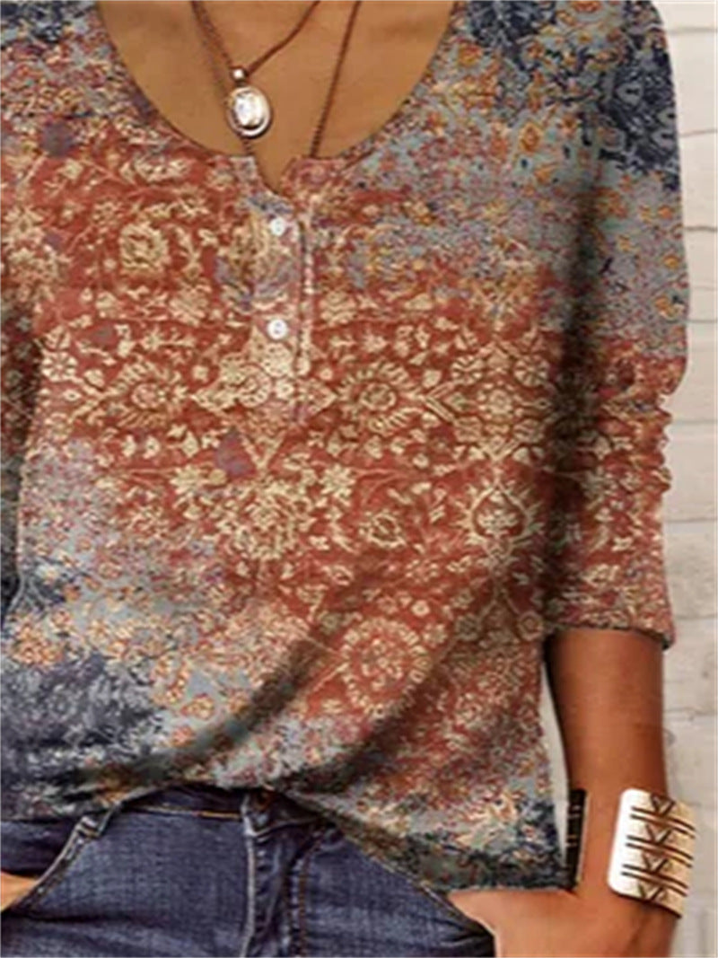 Loose Long-sleeved Geometric Floral U-neck Button T-shirt