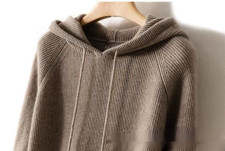 Women's Wool Knitted Hooded Sweater Pullover Stripe Loose