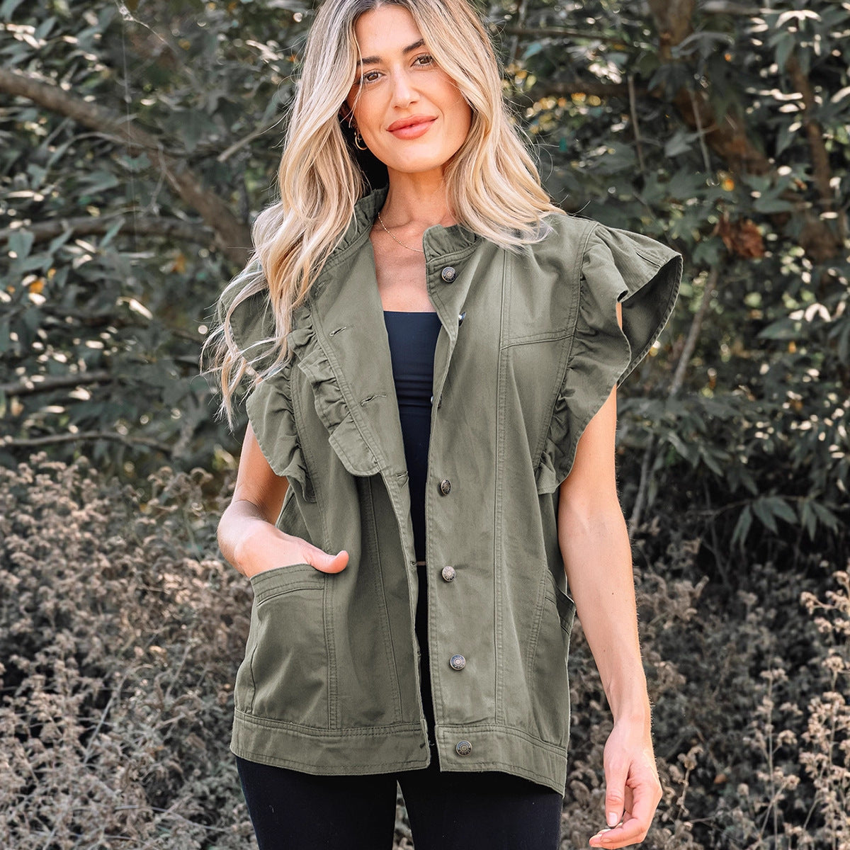 Green Bay Ruffled Patchwork Denim Jacket Vest