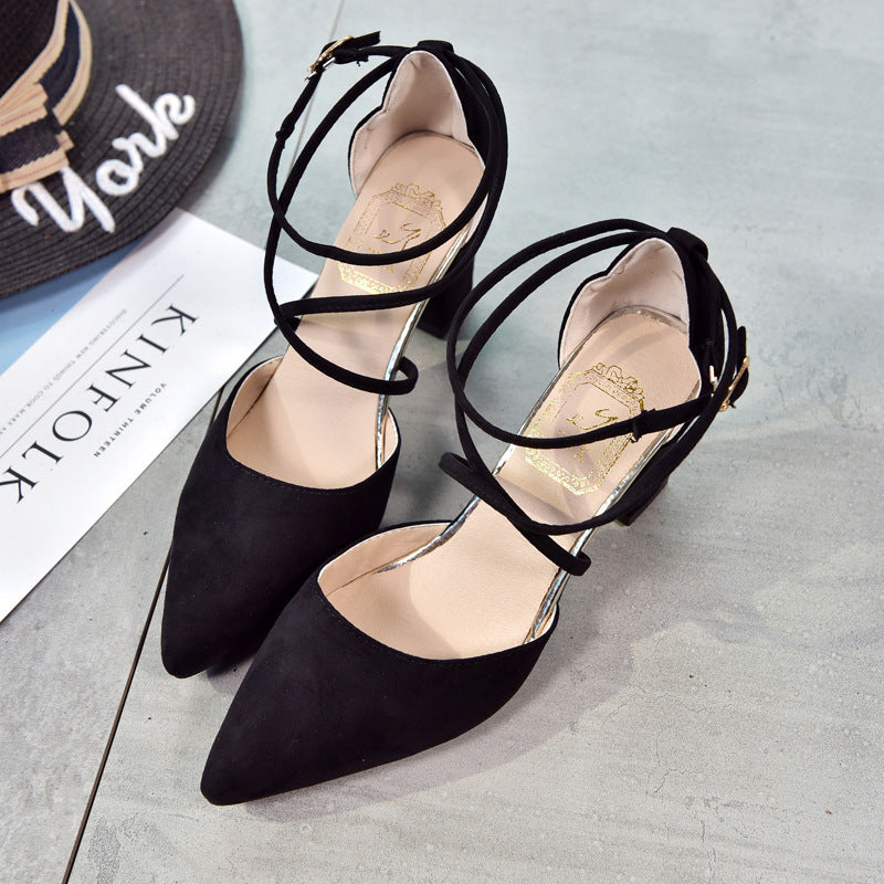 Pointed Suede High-heeled Shoes With A Buckle And Lace-up