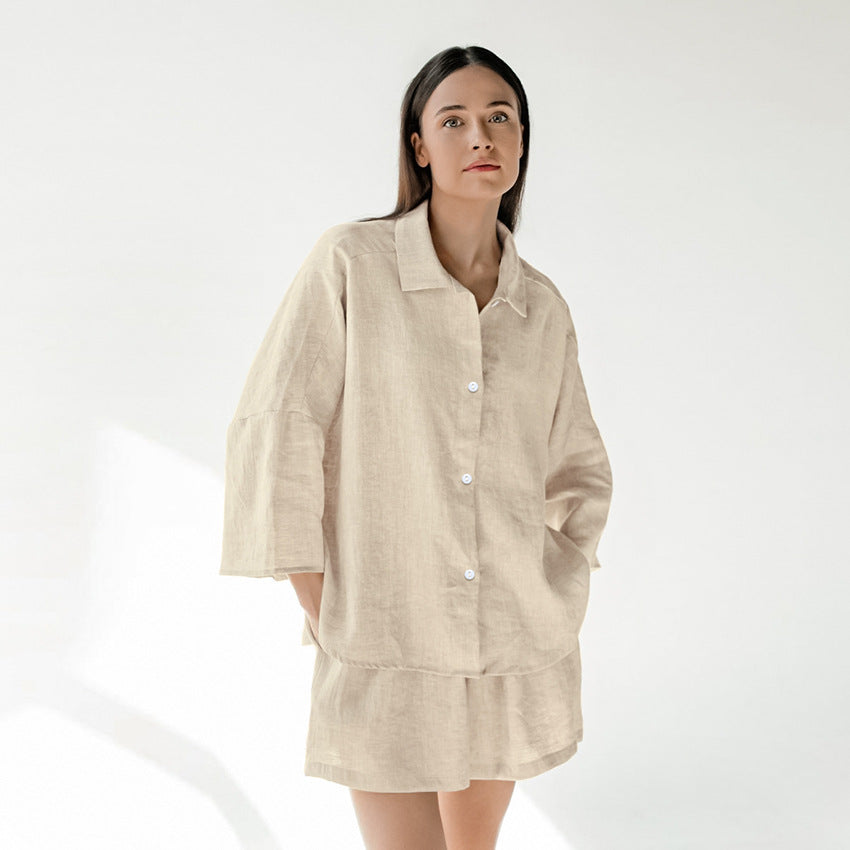 Cotton-Linen Pajama Set For Women Three-Quarter-Sleeve Top And Shorts Loose And Comfortable Two-Piece Set