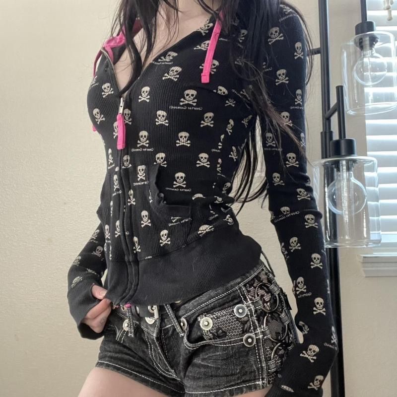 Women's Punk Black Skull Print Hoodie Coat