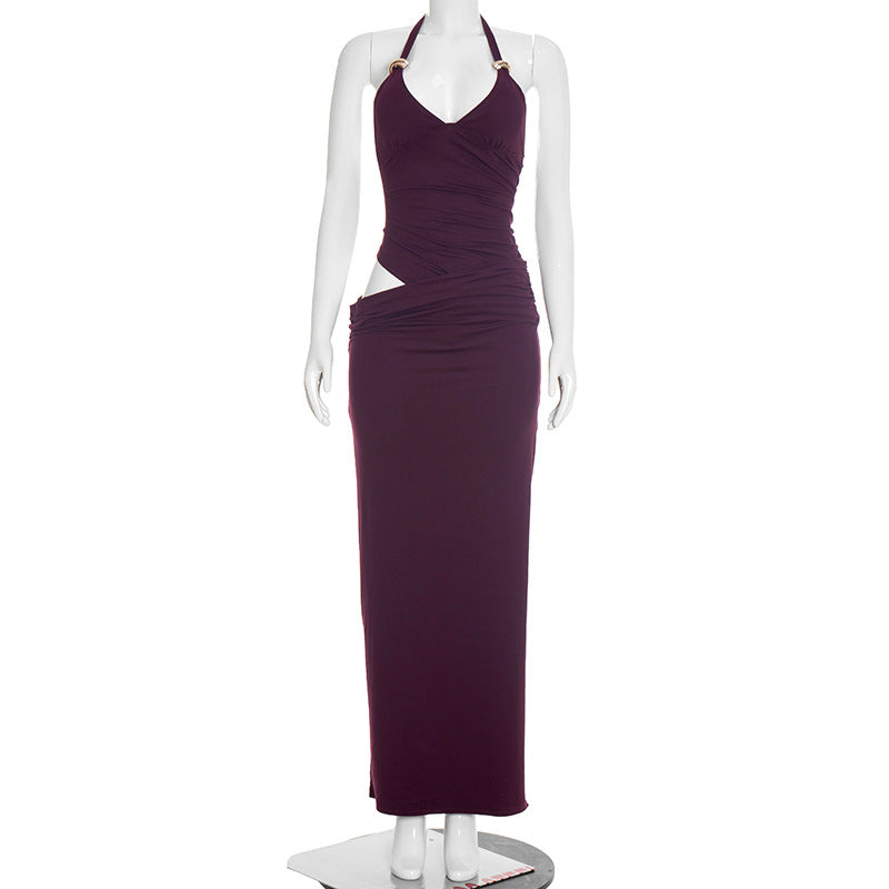Solid-color Casual Elegant Sleeveless Strap Backless Slim-fit Long Dress