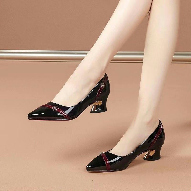 Thick Heels With Color Matching Low-heel Pointed Toe Shoes Women's Mid-heel