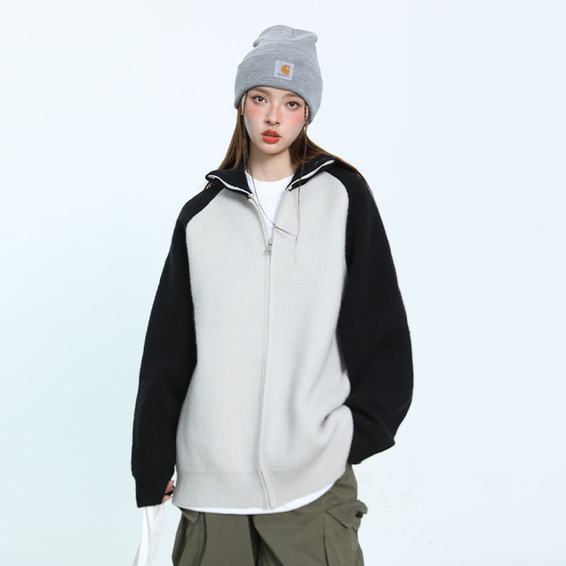 Japanese-style Retro Gray Black Stand Collar Zipper Contrast Color Coat