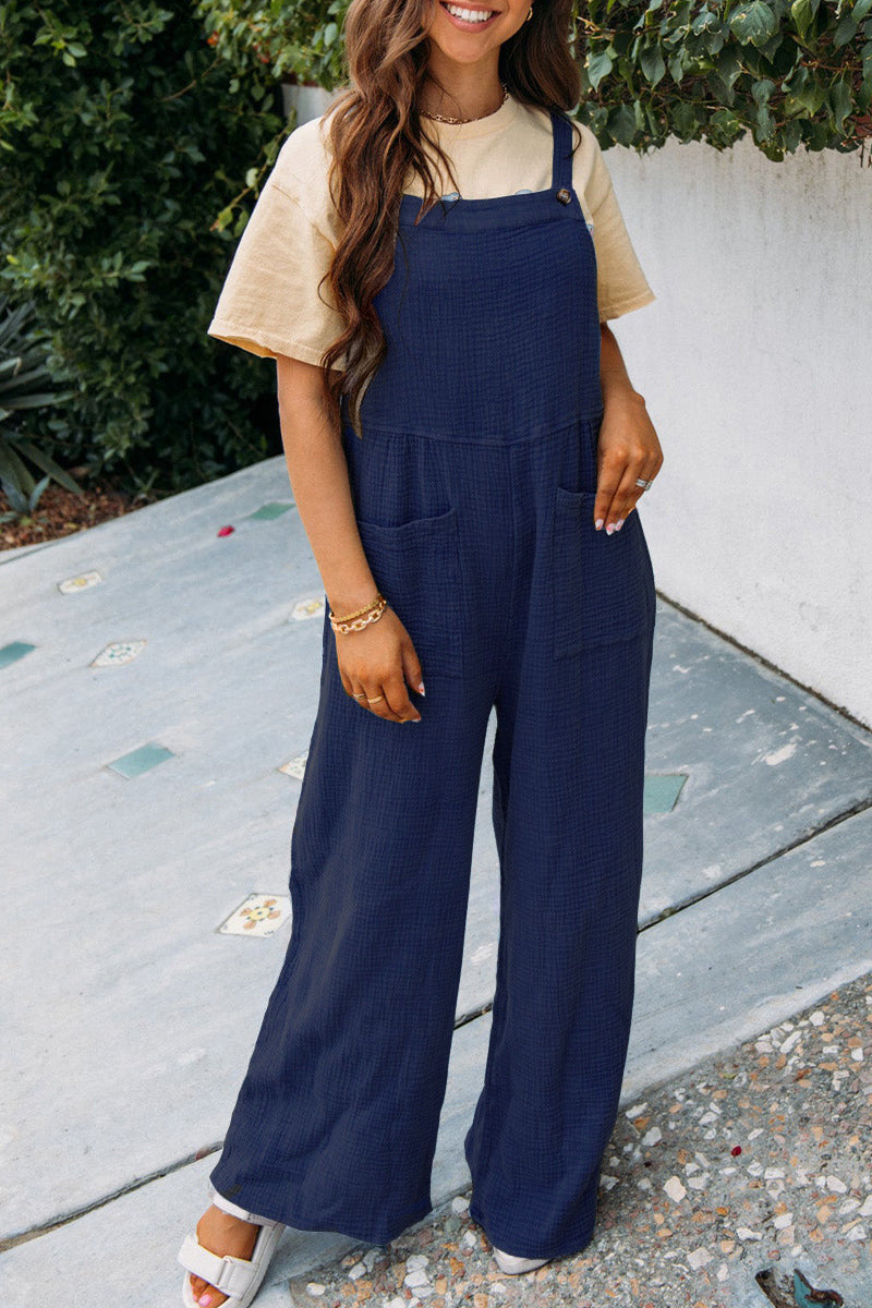 Fashion Square Neck Jumpsuit Med Lommer Forår Sommer Casual Ensfarvet Løs Overall Damebeklædning