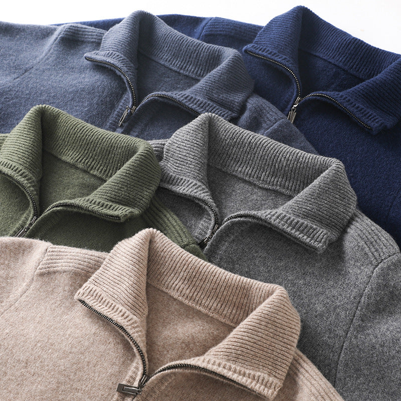 Double-strand Thickened 100 Pure Wool Knit Men's Pullover Lapel Zip-up Shirt