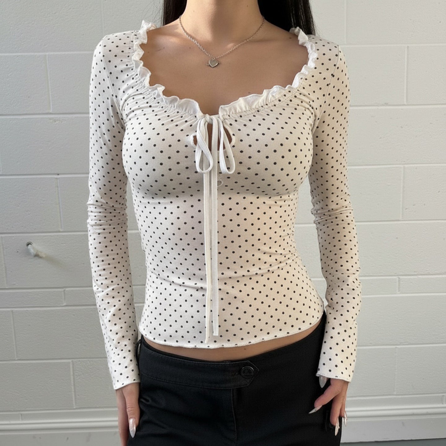 Womens New Arrival Ruffle-Trimmed Polka-Dot Long-Sleeve T-Shirt