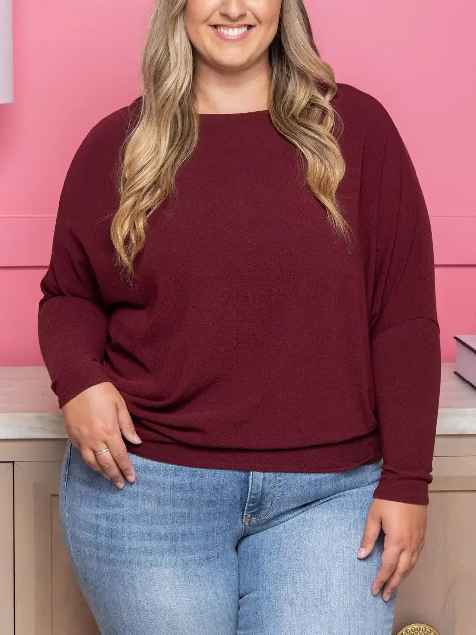 Plus Size Casual Ensfarvet Rundhalset Flagermusærme Høj Elastisk Sweater