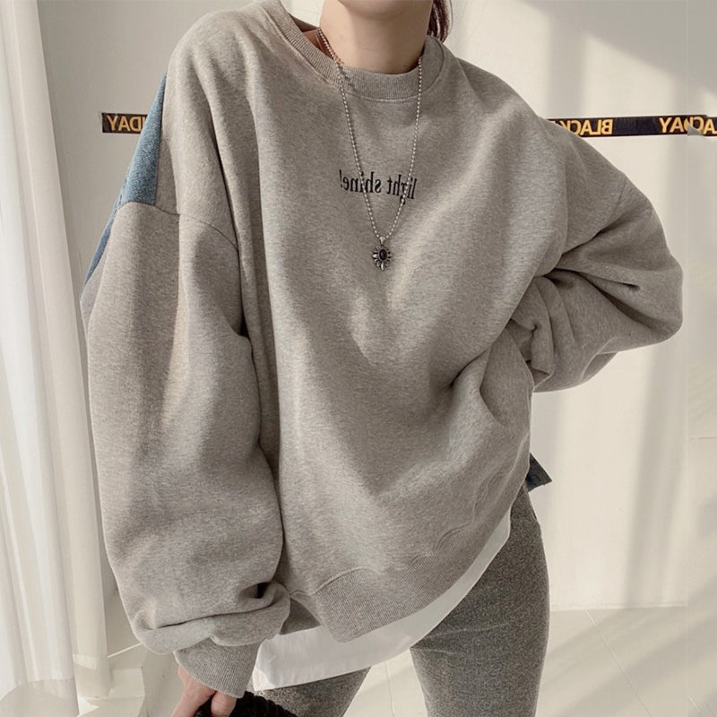 Women's Round Neck Letter Patch Denim Sweatshirt