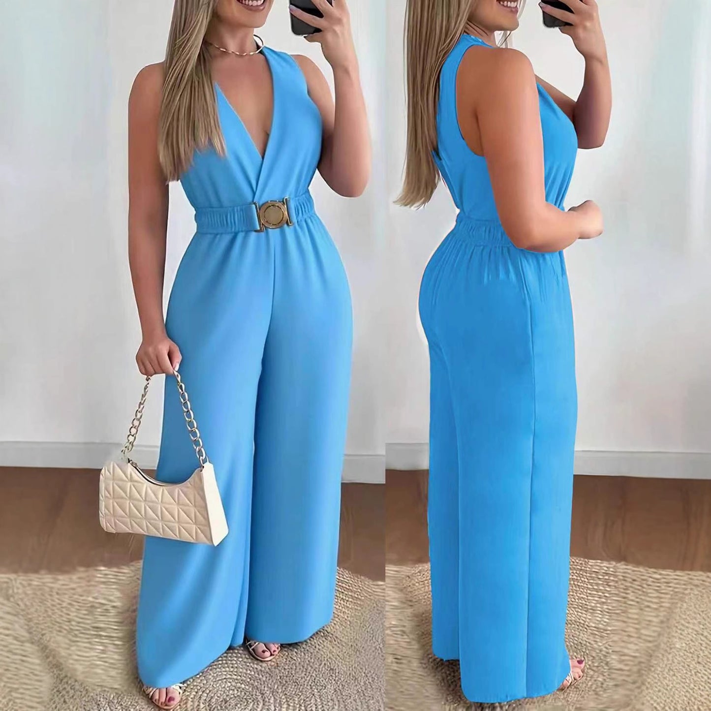 Slant Pockets Solid Color Sexy Loose Elastic-Waist Wide-Leg Pants