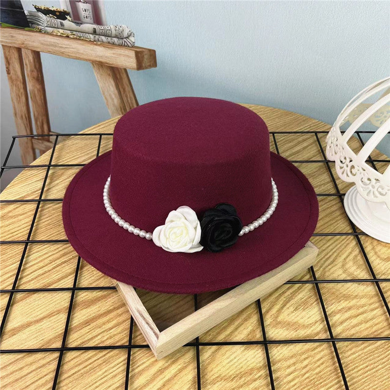 Vintage Hattedame Perlekæde Blomster Uld Flad Hat