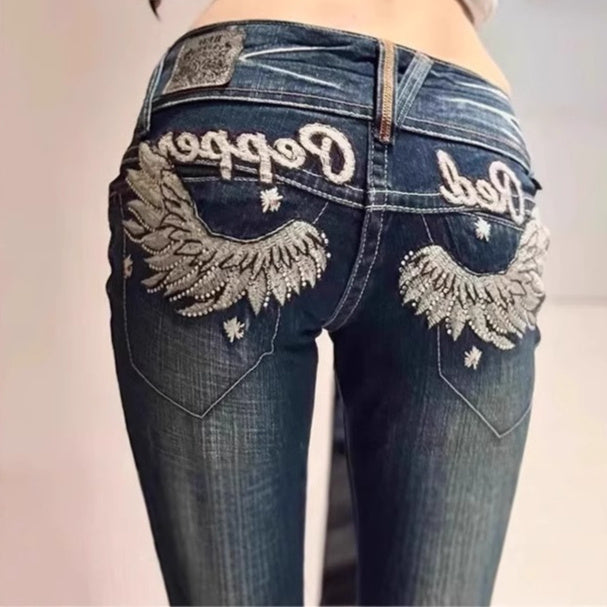 American-style Chic Edgy Embroidered Wing Jeans With A Designer Vibe