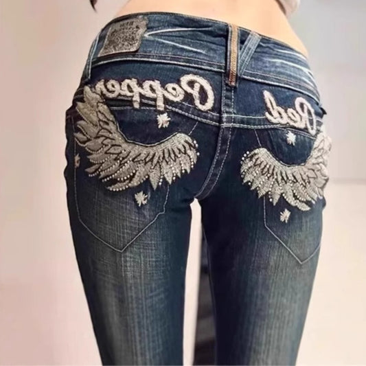 American-style Chic Edgy Embroidered Wing Jeans With A Designer Vibe