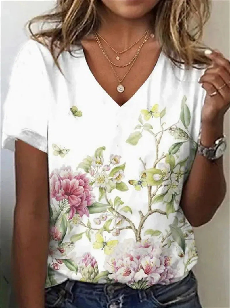 Women's Cotton Short-sleeved T-shirt V-neck Floral Print