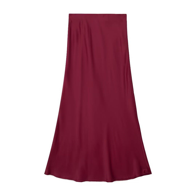 Solid Color Slim Silk Satin Texture Midi Skirt