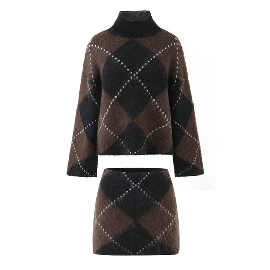 Turtleneck Pullover Loose Knit Sweater Skirt Suit