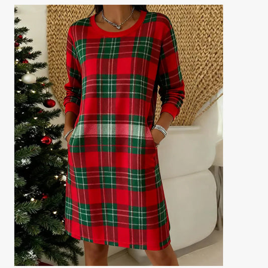 Womens Retro Plaid Crew-Neck Long-Sleeve Dress