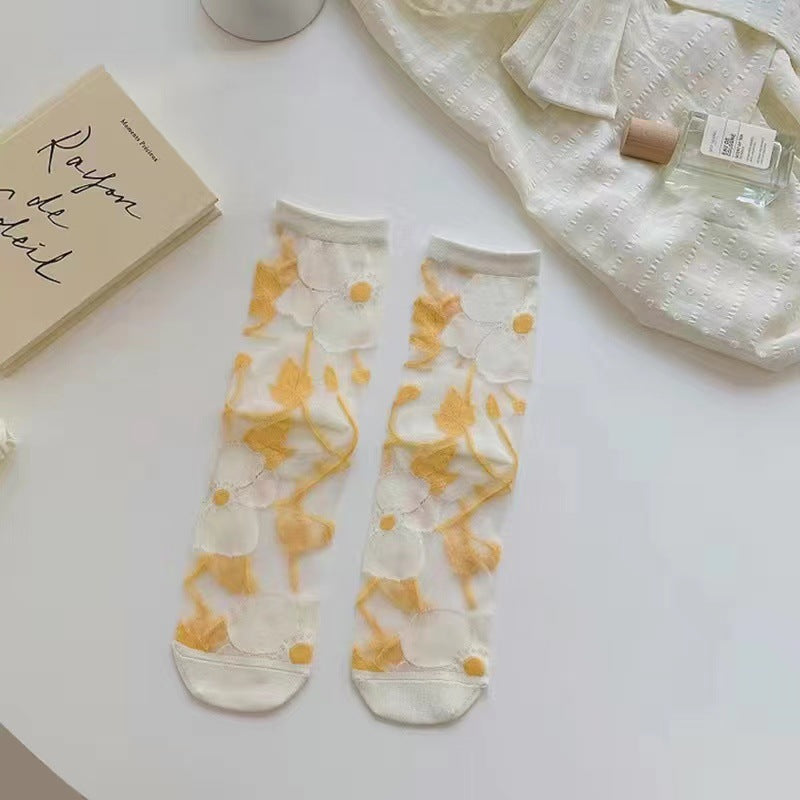 Spring And Summer Ultra-thin Breathable Retro Large Flower Spun Glass Mid-calf Socks Crystal Long Socks