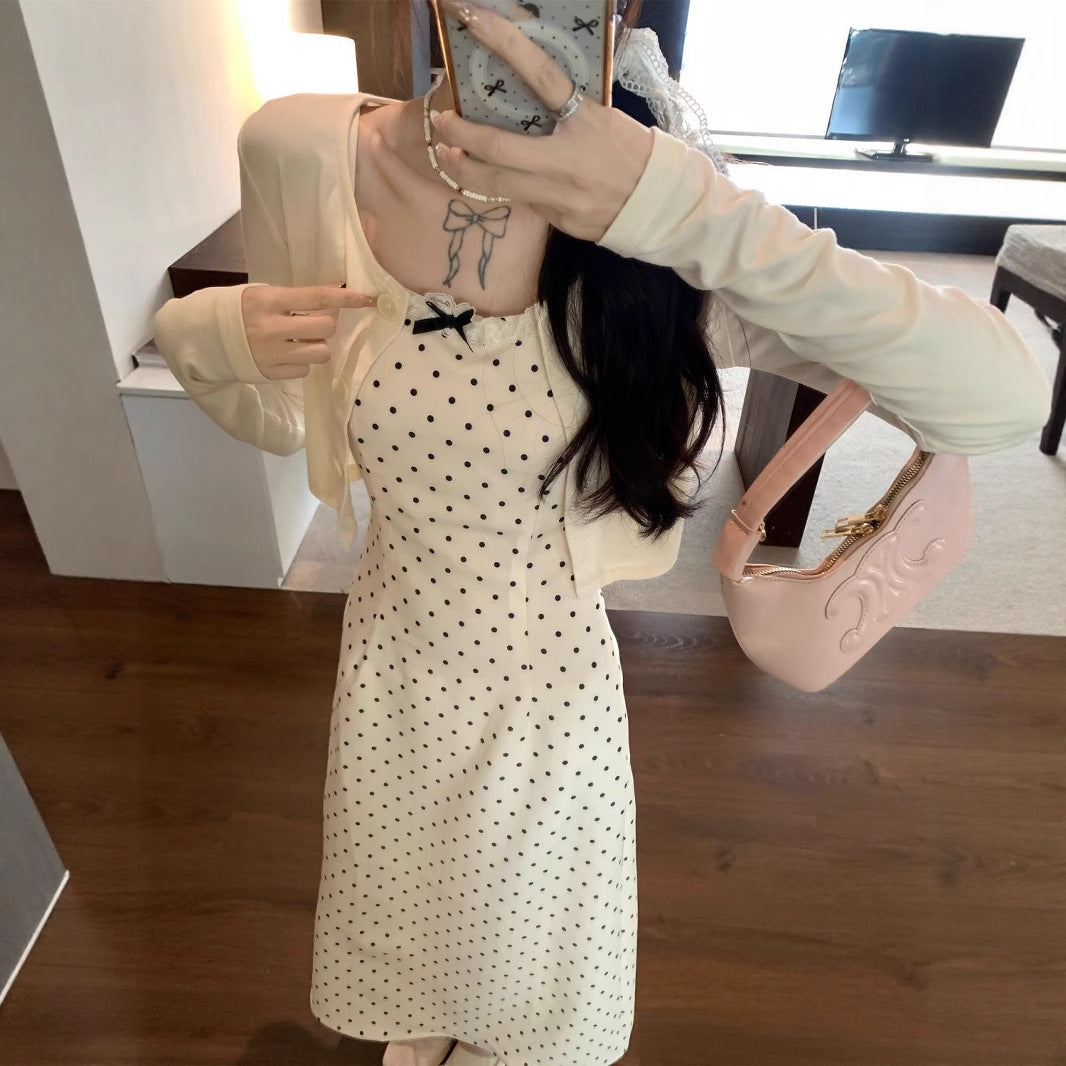 Korean-style Polka-Dot Slip Dress With Bow Detail
