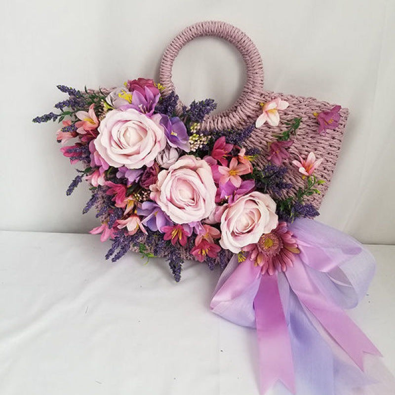 Ladies Fashion Raffia Purple Flower Straw Hat