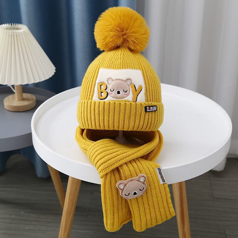 Children Hat Women's Knitted Keep Baby Warm Cartoon Bear Two-piece Set