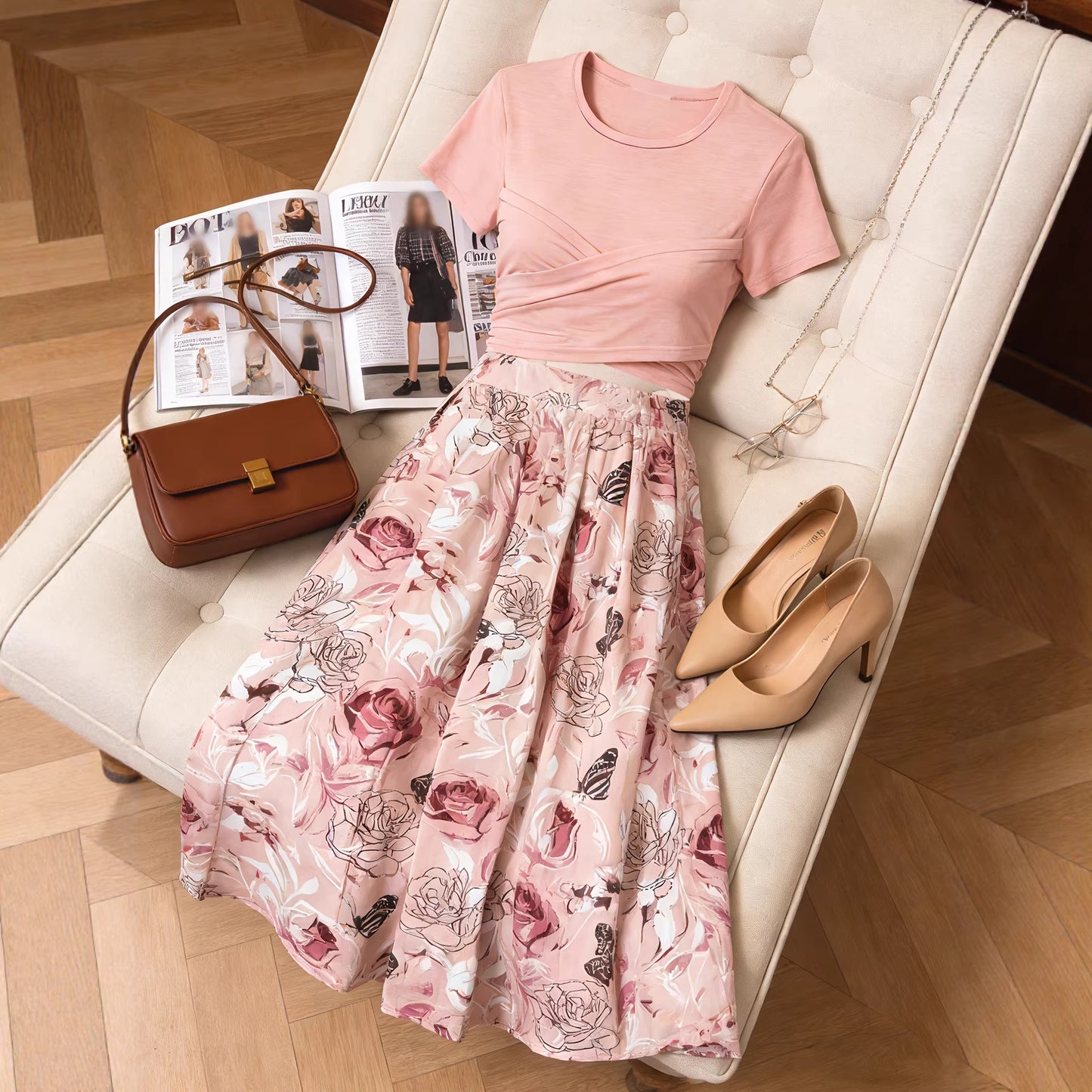 Women's Two-piece Dress, Solid Color Bow Slimming Top And Floral Print Skirt