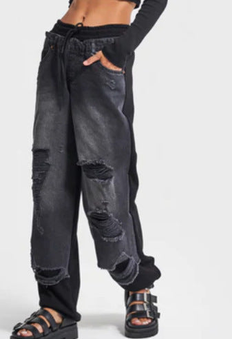 Ripped Double-layer Color Straight Jeans