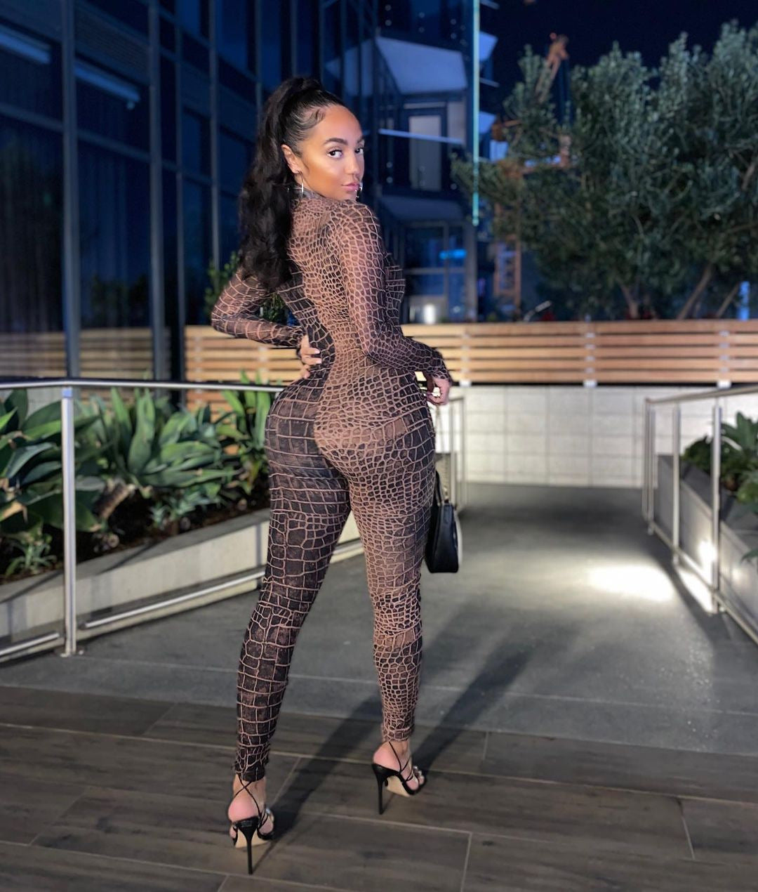 Plus Size Women's Crocodile Skin Pattern Mesh Jumpsuit